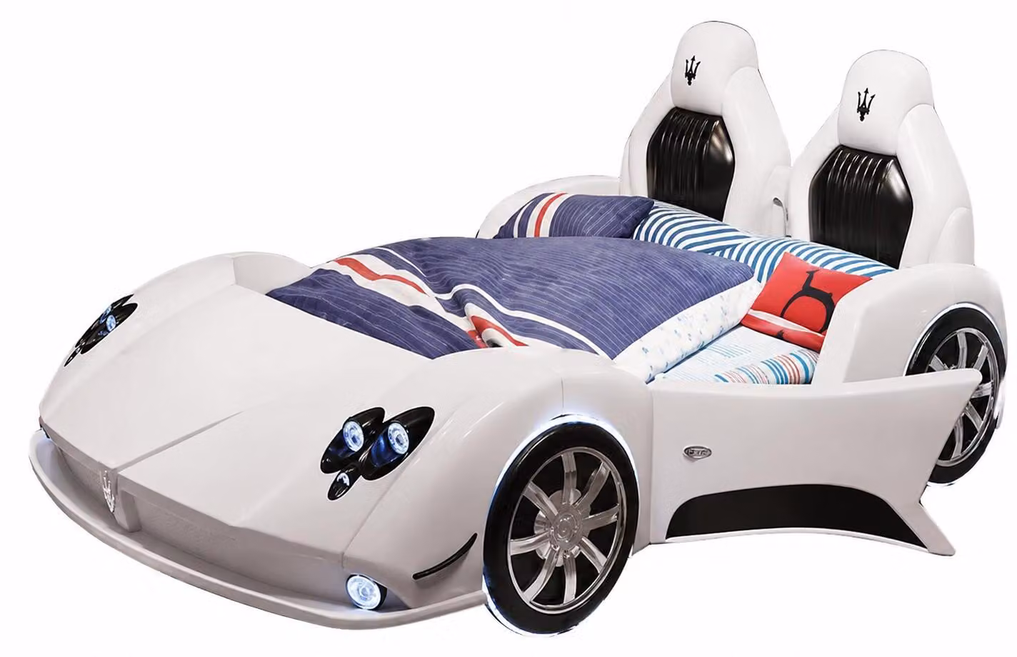 Letto bianco autoprogettato per bambini, con luci LED, connettività Bluetooth e spazio contenitivo