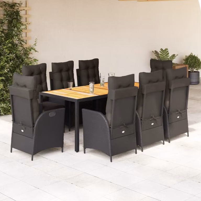 Set da pranzo da giardino vidaXL in polyrattan e legno di acacia nero con 9 pezzi