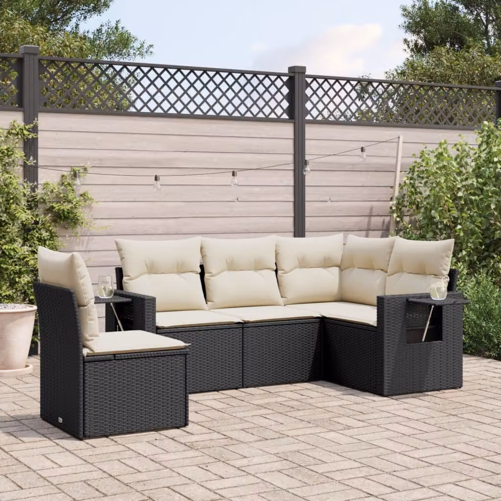 vidaXL Set Divani da Giardino a L 5 pz in Polyrattan Nero con Cuscini e Tavolino – 1