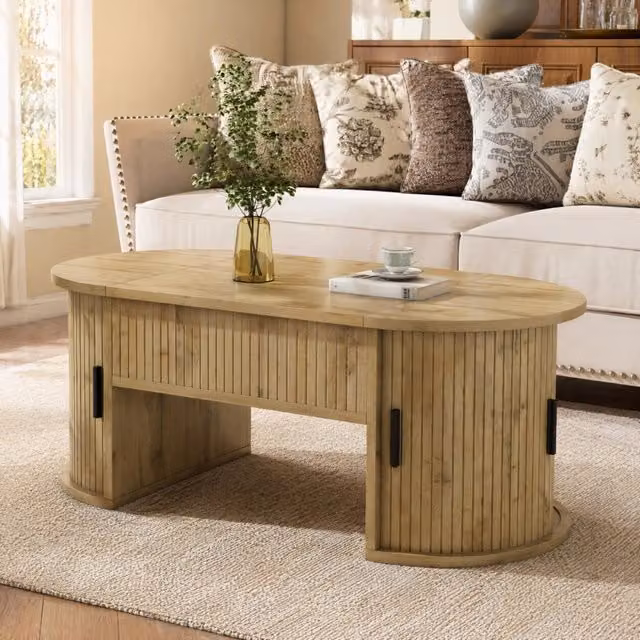 Tavolino da salotto ULEVR 100x50 cm con piano regolabile in altezza, 2 ante scorrevoli e ripiani aperti, rovere