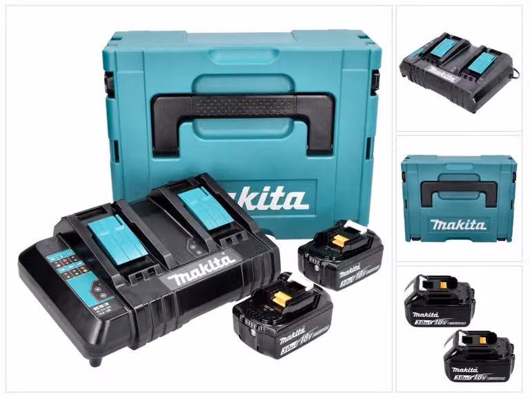 Kit di alimentazione Makita 18 V con 2x batteria BL 1830 B 3,0 Ah ( 197599-5 ) + caricabatterie doppio DC 18 SH ( 199687-4 ) + Makpac