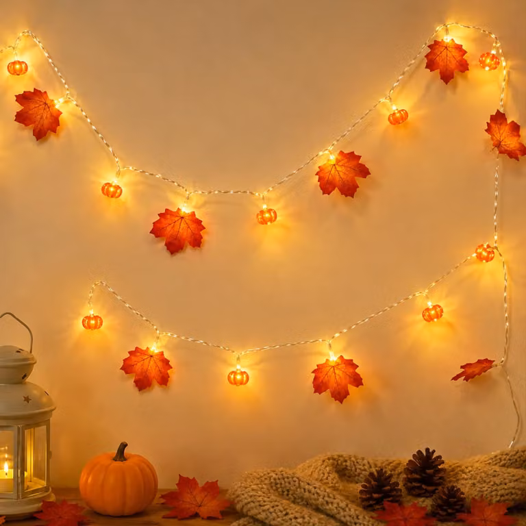 Catena luminosa a tema autunnale, con foglie d'acero e zucche, lunghezza 3 metri, 20 LED