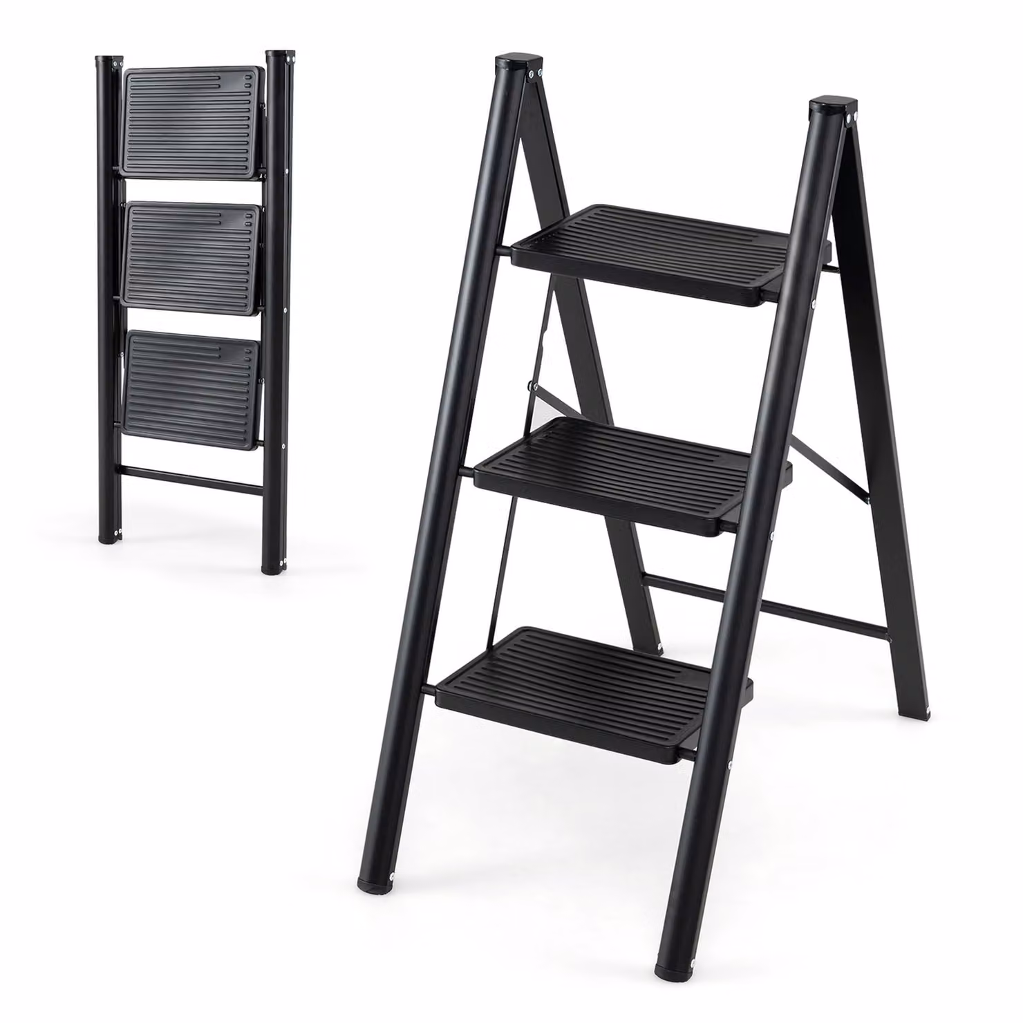 Costway Scaletta salvaspazio con ampio pedale struttura in metallo piedini antiscivolo, Scala pieghevole a 3 gradini portata 150 kg Nero