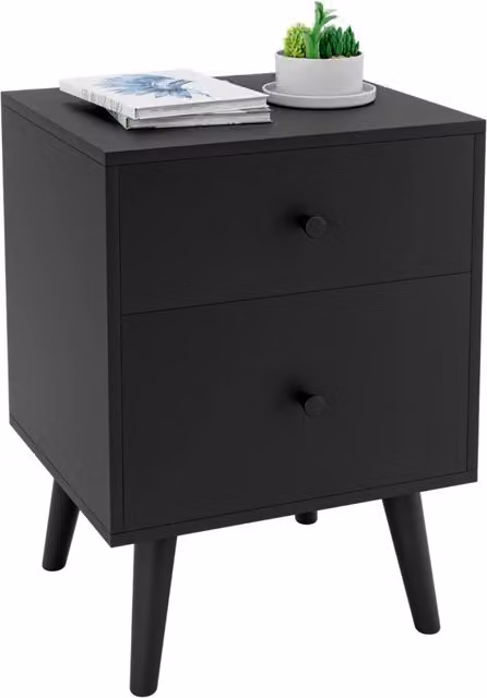 Comodino moderno con 2 cassetti e gambe in legno di gomma, colore nero opaco per camera da letto o soggiorno