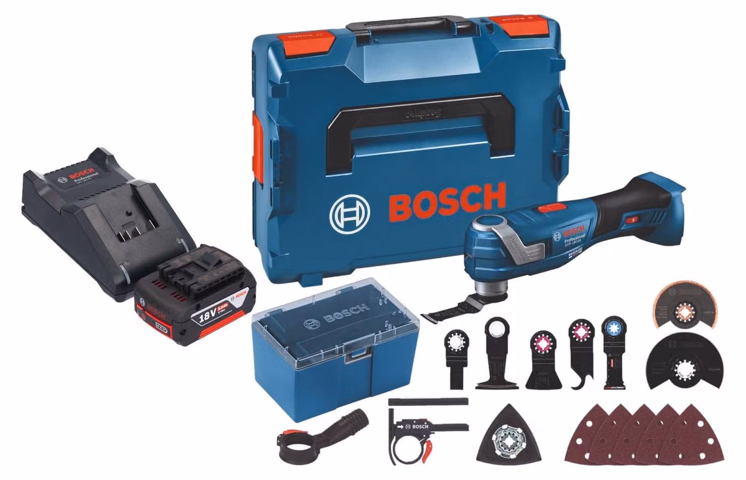 Bosch GOP 18V-34 Multi Cutter professionale a batteria 18 V Starlock Plus + 1x batteria ricaricabile 5,0 Ah + caricatore + 17 accessori + L-Boxx
