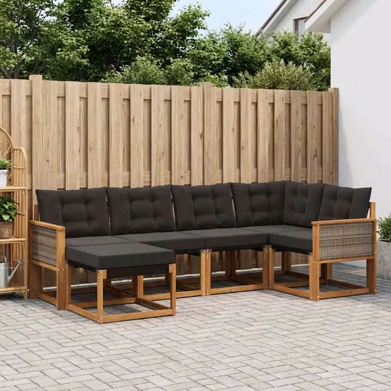 Set di divani da esterno vidaXL a forma di L composto da 6 pezzi in legno di acacia con cuscini, colore marrone e nero