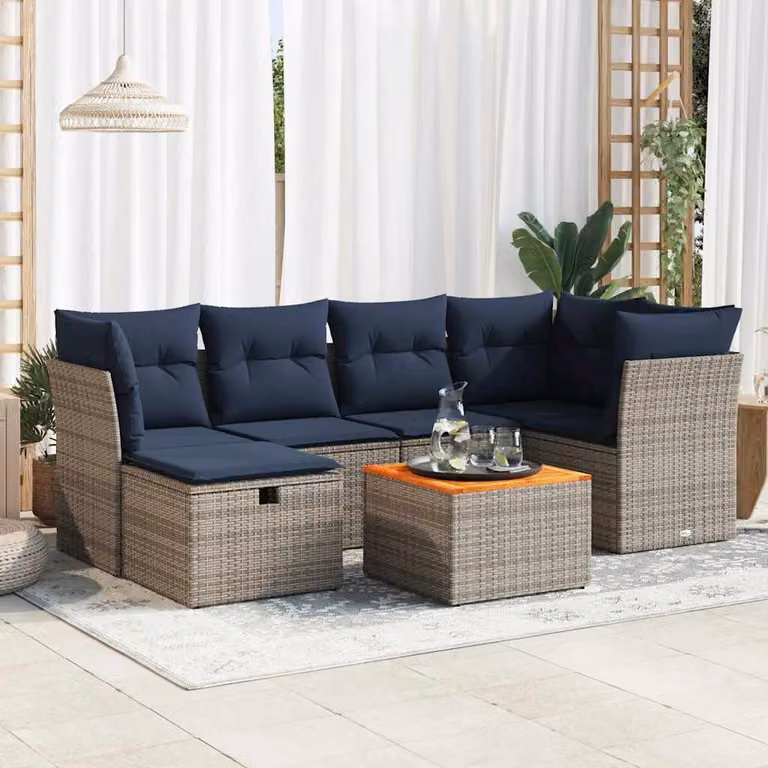 Set di divani da giardino vidaXL a forma di L composto da 7 pezzi con cuscini grigi in polyrattan e struttura in acciaio rivestito in polvere