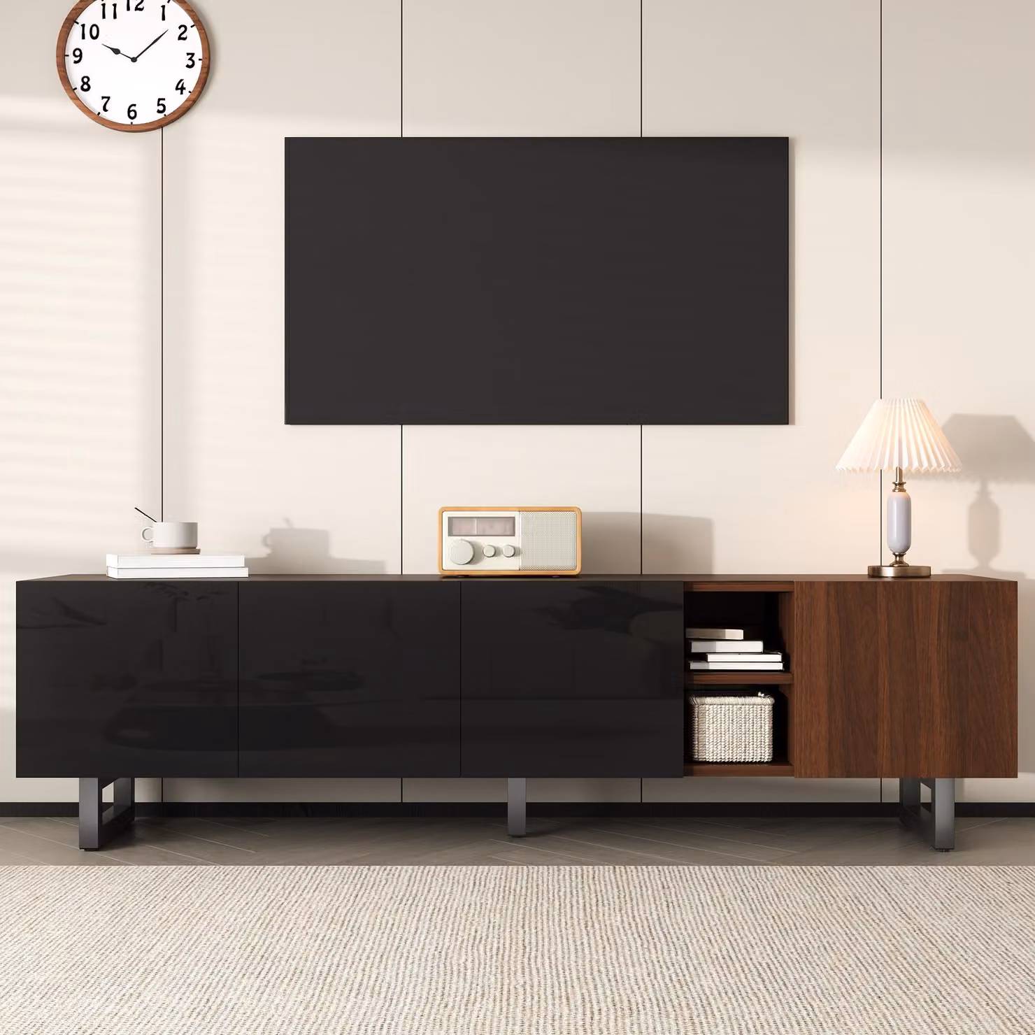 Mobile TV moderno GL Store con 4 ante e ampio spazio contenitivo, design in legno e metallo, Colore: marrone e nero, L: 180 cm, P: 38 cm, H: 50 cm – 2