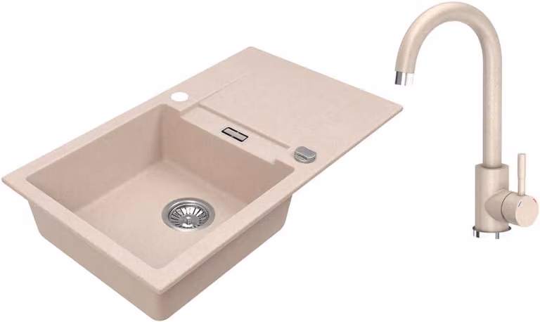 VBChome Lavello in granito 76 x 44 cm Beige con rubinetto Lavello da incasso a vasca singola Reversibile Speckled Lavello di facile manutenzione con sifone