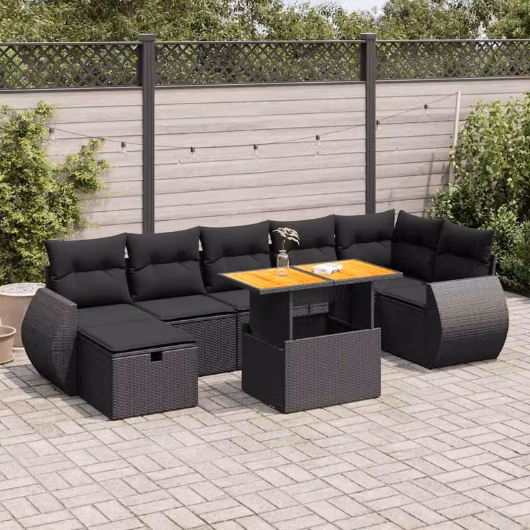 Set Divani da Giardino vidaXL a Forma di L in Polyrattan Nero con Cuscini e Tavolino da Esterno in Legno di Acacia