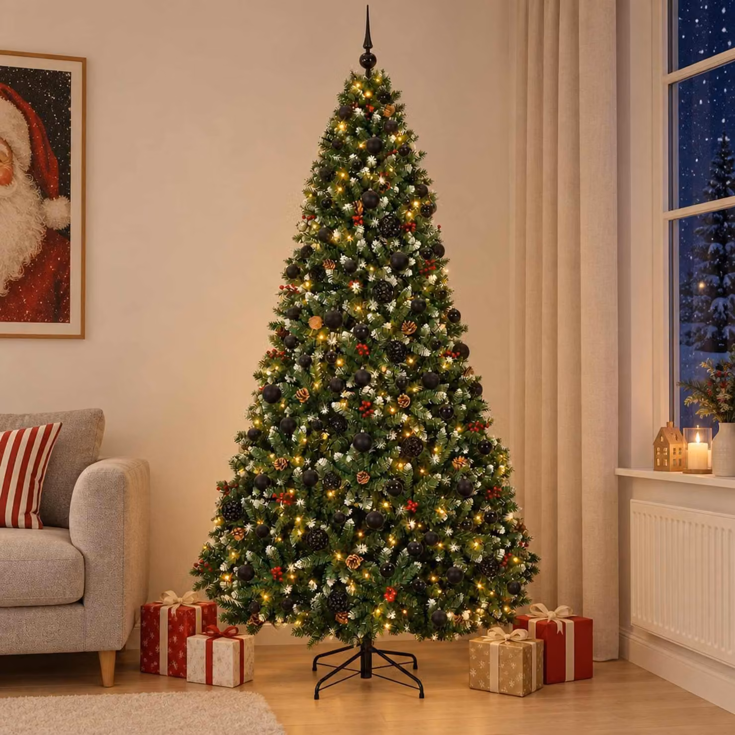 Albero di Natale artificiale, verde, con decorazioni a forma di sfera, altezza 240 cm, 300 luci LED