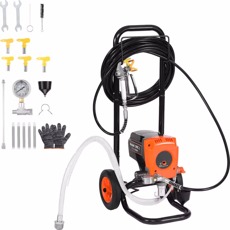 SucceBuy spruzzatore di vernice airless con supporto, 950 W di potenza e 3300 psi di pressione, sistema di spruzzatura della vernice comprensivo di spazzola di pulizia, tubo flessibile, asta di prolunga e ugelli - adatto per interni ed edifici