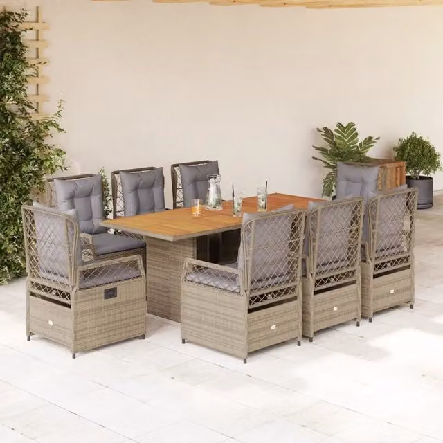 Set da Pranzo da Giardino vidaXL in Polyrattan e Legno di Acacia con 9 Cuscini Beige e Grigio