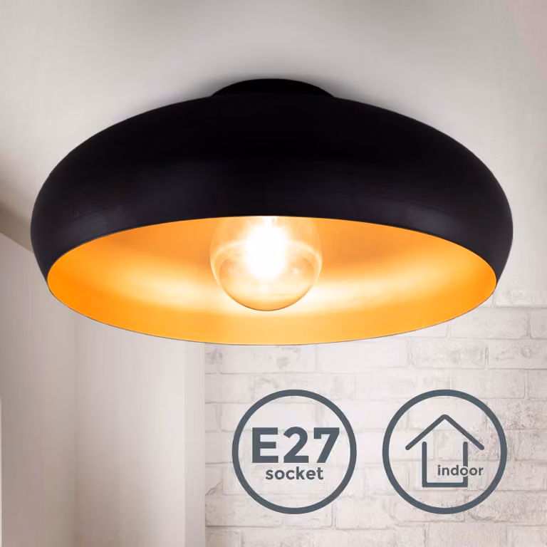 Plafoniera vintage industriale, diametro 39.5cm, adatta per 1 lampadina E27 non inclusa, Lampada da soffitto elegante per salotto, Lampadario in metallo nero esterno e oro interno, IP20