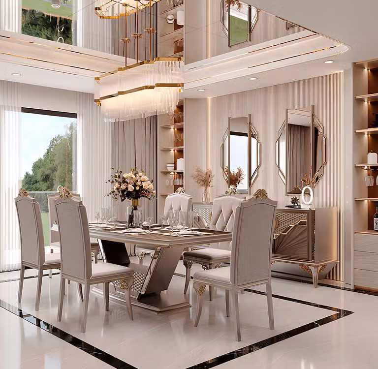 Set elegante per sala da pranzo, composto da tavolo, 6 sedie e credenza