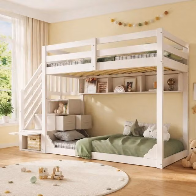 Letto a castello in legno bianco 90x200 cm per bambini con scala armadio e spazio contenitore, senza materasso