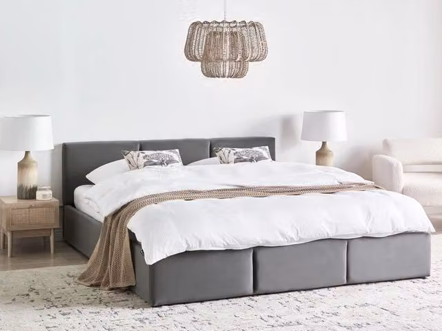 Letto Ottomano Beliani in Velluto Grigio con Contenitore e Testiera Imbottita L/P/H: 180 x 200 x 191 cm – 1