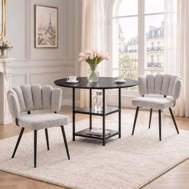 Set da pranzo industriale per 2 persone con tavolo rotondo 107 cm e 2 sedie grigio chiaro con schienale a fiore in tessuto strutturato
