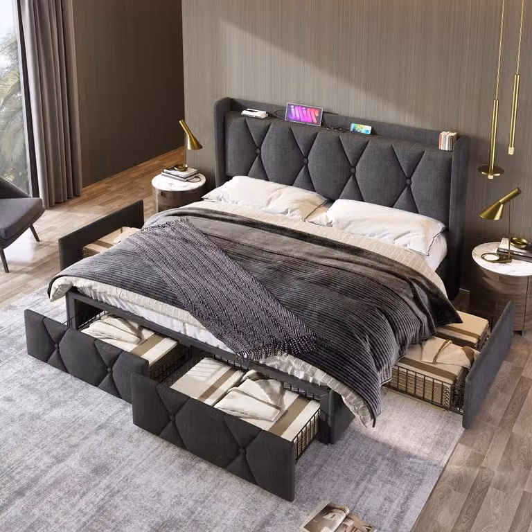 Letto imbottito 160x200 cm con prese USB e prese di corrente integrate nella testiera, 4 cassetti, rete a doghe in legno, struttura del letto grigia rivestita in tessuto di lino, ideale per la camera da letto