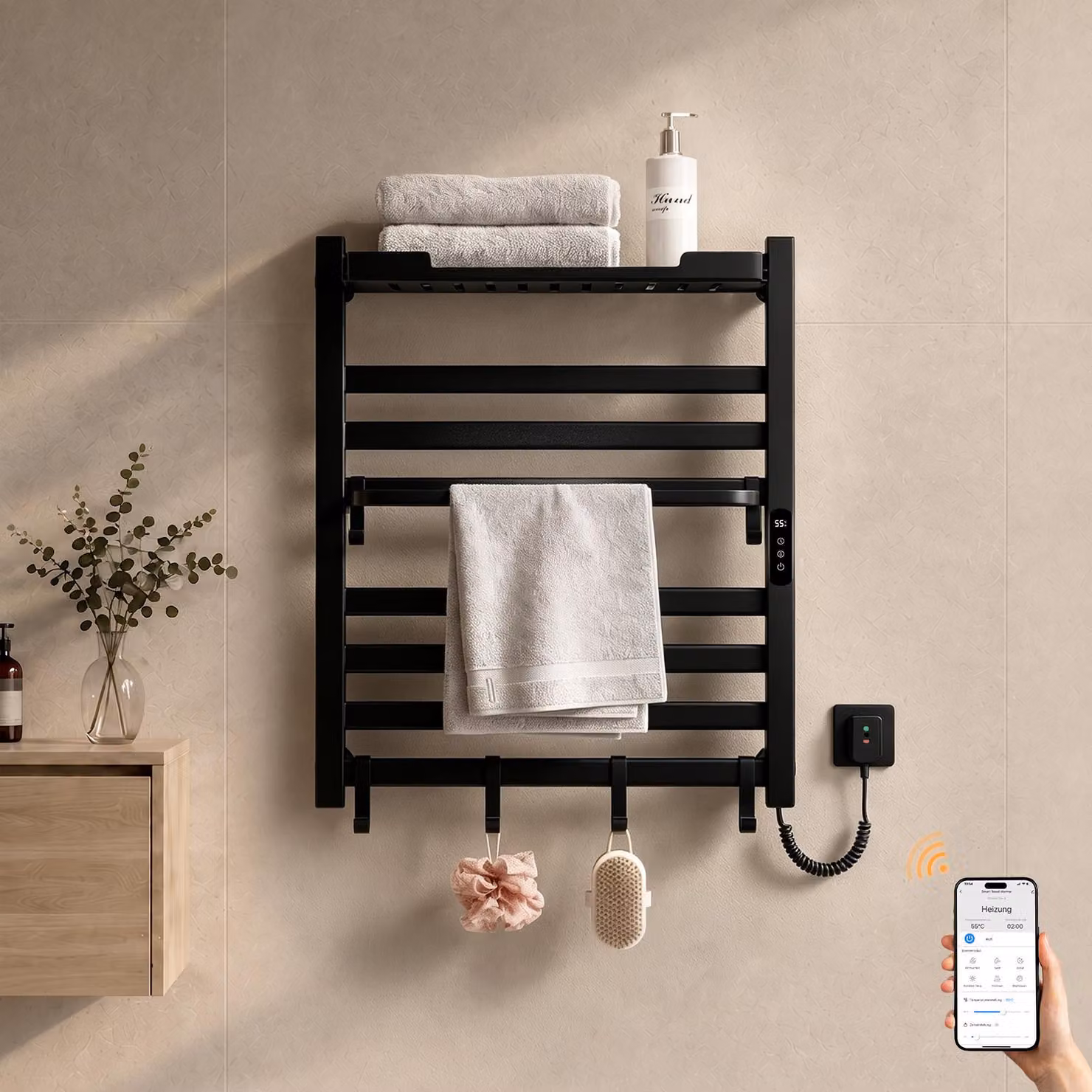 S'AFIELINA Scaldasalviette elettrico bagno con ripiano 700 × 600 mm 233 W Nero,Termoarredo elettrico bagno WiFi con app