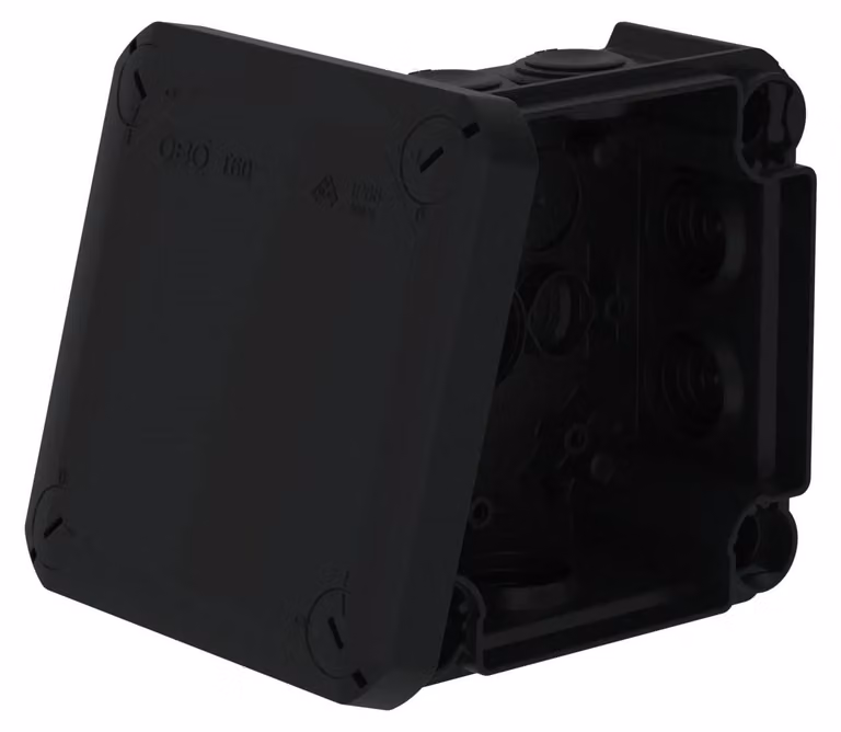 Cassetta di derivazione OBO con 7 fori di ingresso per cavi M25, dimensioni 114x114x57 mm, grado di protezione IP66, colore grigio antracite, confezione da 5 pezzi.