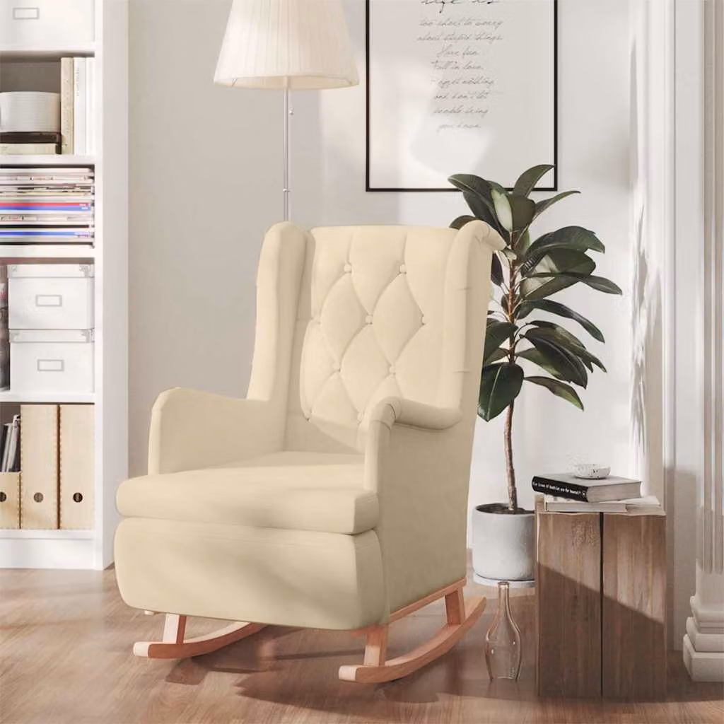 vidaXL Poltrona a Dondolo in Legno di Hevea e Tessuto Beige – 1