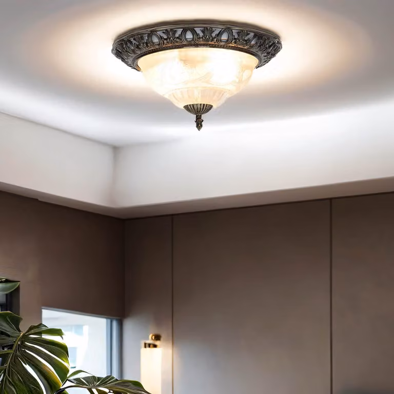 Plafoniera Art Nouveau "FLUSH" ottone antico metallo liscio vetro 2 luci soffitto soggiorno corridoio