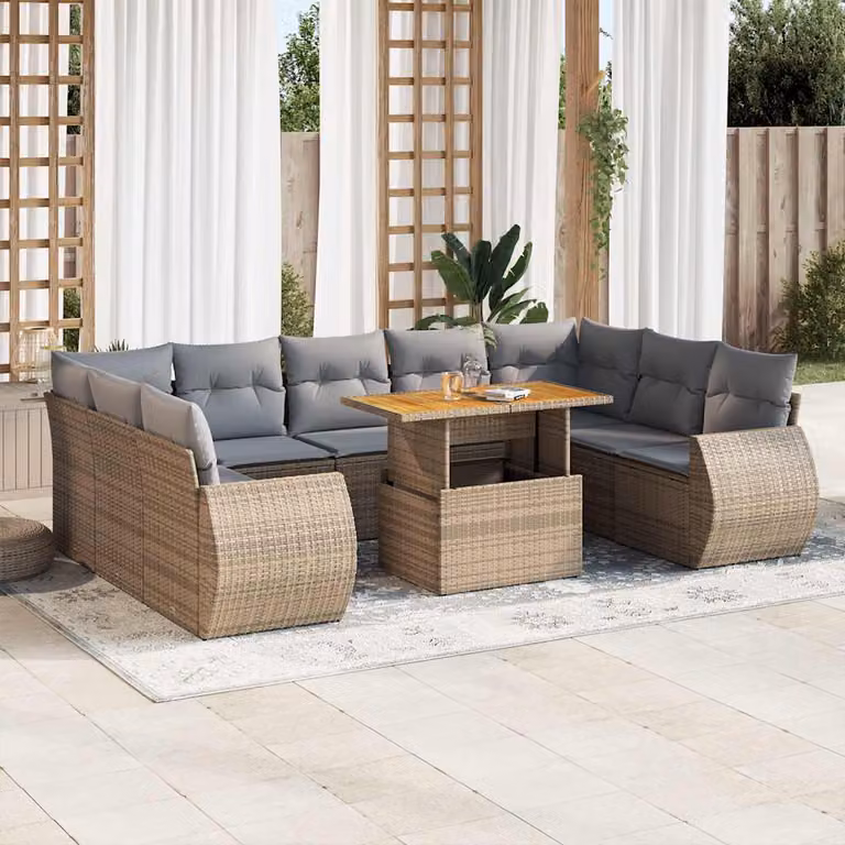 Set Divano da Giardino vidaXL 10 pz in Polyrattan con Cuscini Beige e Legno di Acacia Oliato