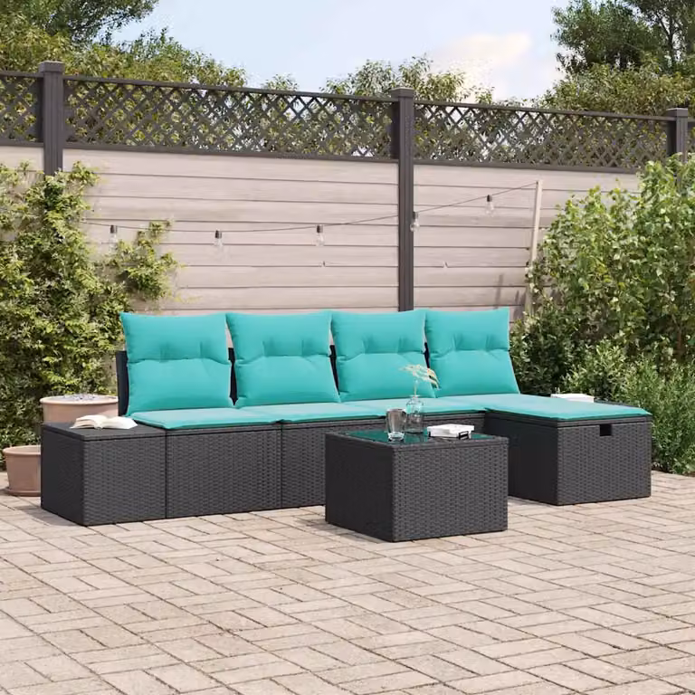 Set di divani da giardino vidaXL a forma di L con tavolino e pouf, colore nero e turchese, in rattan e metallo con cuscini inclusi