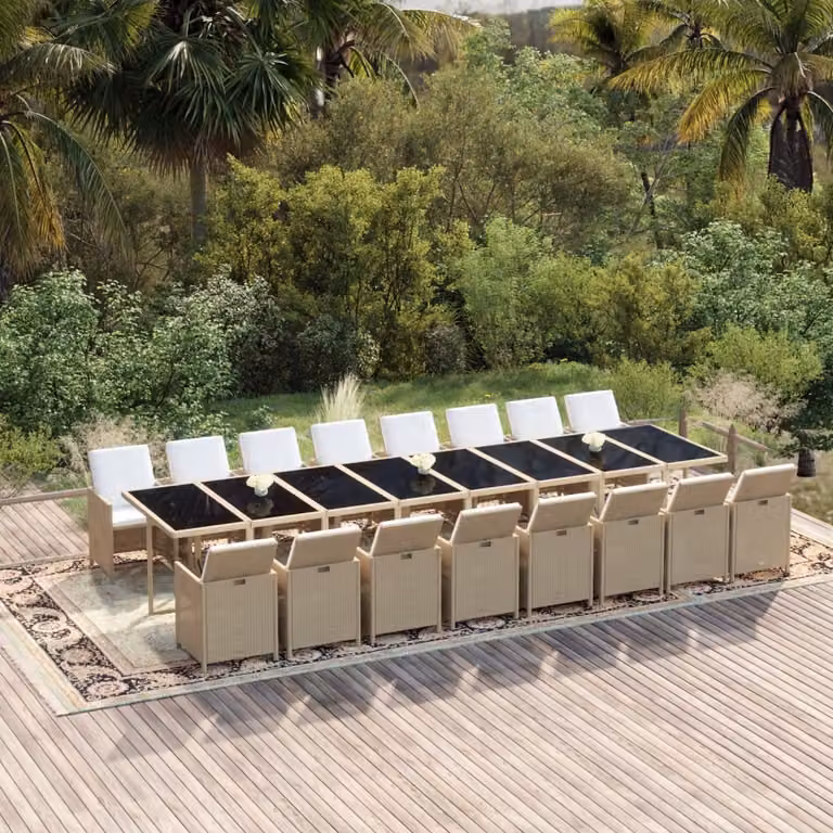 The Living Store Set da pranzo da giardino da 17 pezzi con cuscini Poli rattan beige