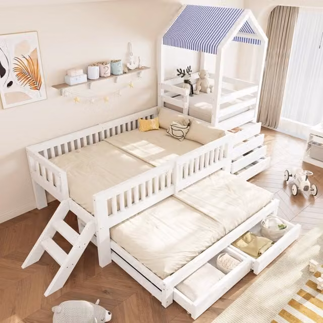 Letto a soppalco per bambini 90 × 200 cm con letto estraibile 90 × 190 cm, scala laterale, cassetti, senza materasso, bianco
