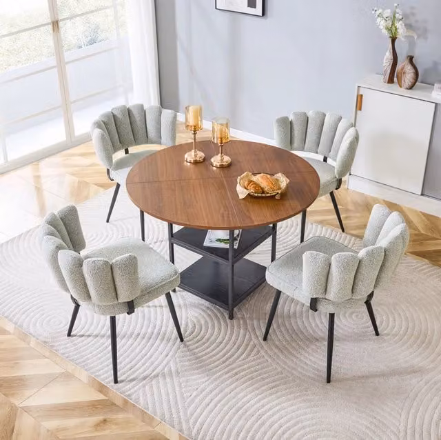 Set tavolo e sedie da pranzo 107 cm effetto noce, 4 sedie bouclé