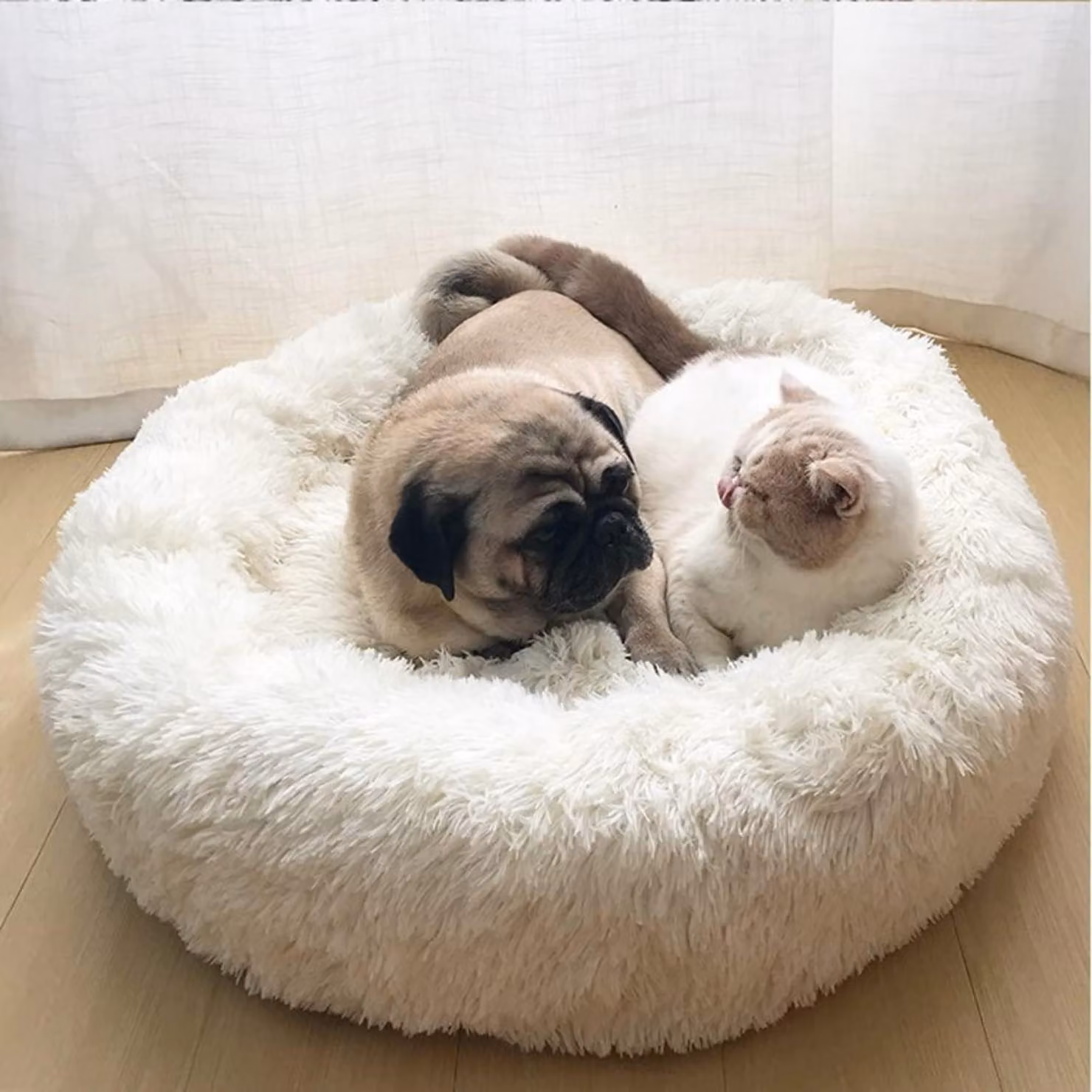 Cuccia per cani, cuccia per gatti, lavabile, morbida, in peluche, rotonda, a forma di ciambella, bianca, 50 cm