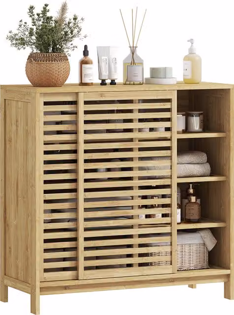Armadio da Bagno HOMCOM in Bambù Naturale con 2 Porte Scorrevoli e 4 Ripiani, L: 80 cm, P: 34 cm, H: 80 cm