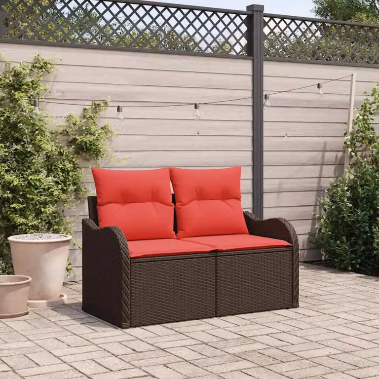 Divano da giardino moderno vidaXL in polyrattan con cuscini rossi L: 121 cm, P: 62 cm, H: 69 cm