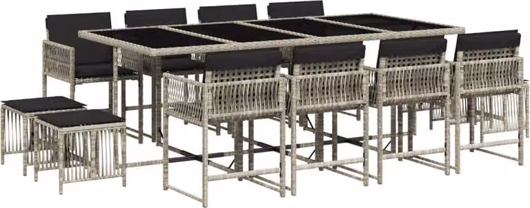Set da Pranzo da Giardino 13pz con Cuscini Grigio in Polyrattan