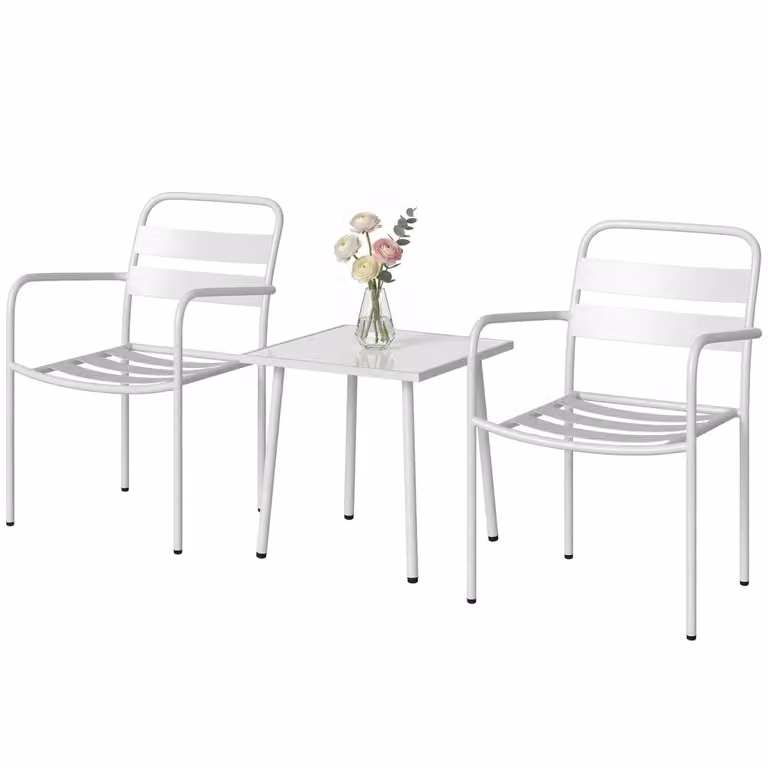 Set Bistrò da esterno 3 pezzi composto da tavolino quadrato in vetro e 2 sedie in acciaio verniciato bianco