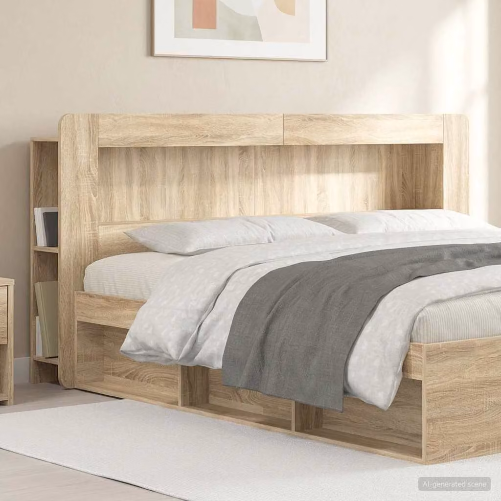 Testata del letto moderna vidaXL in legno ingegnerizzato Rovere Sonoma con ripiani integrati, marrone, L: 193 cm, H: 100 cm, P: 25,68 cm