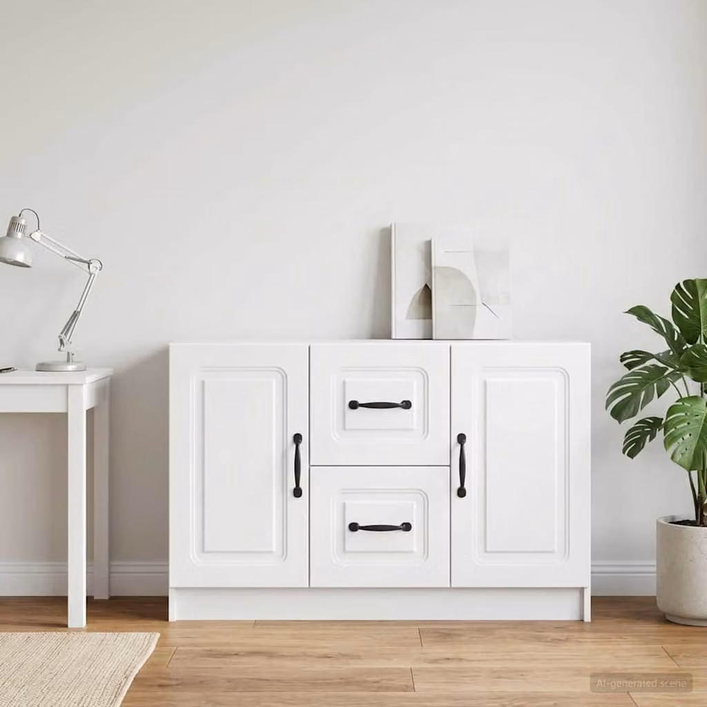 Credenza moderna vidaXL in legno ingegnerizzato e metallo, Bianco, L 89 x P 34,5 x H 57 cm
