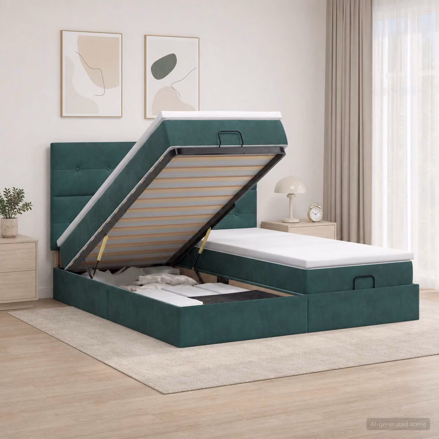 Letto ottomano con materasso vidaXL in velluto verde scuro e bianco, L/P/H: 200 x 160 x 88 cm