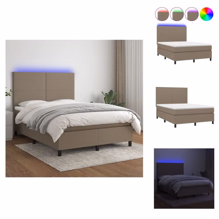 vidaXL Letto a molle con materasso e tessuto LED Taupe 140x190 cm - Letti & strutture letto