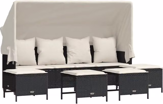 Set Salotto da Giardino 5 Pezzi in Polyrattan Nero con Cuscini e Ottoman Design Moderno
