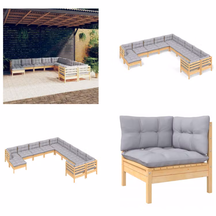 vidaXL set salotto da giardino 11 pezzi con cuscini grigi in legno di pino - Set salotto da giardino - Set salotto da giardino - Set mobili da giardino - Set mobili da giardino