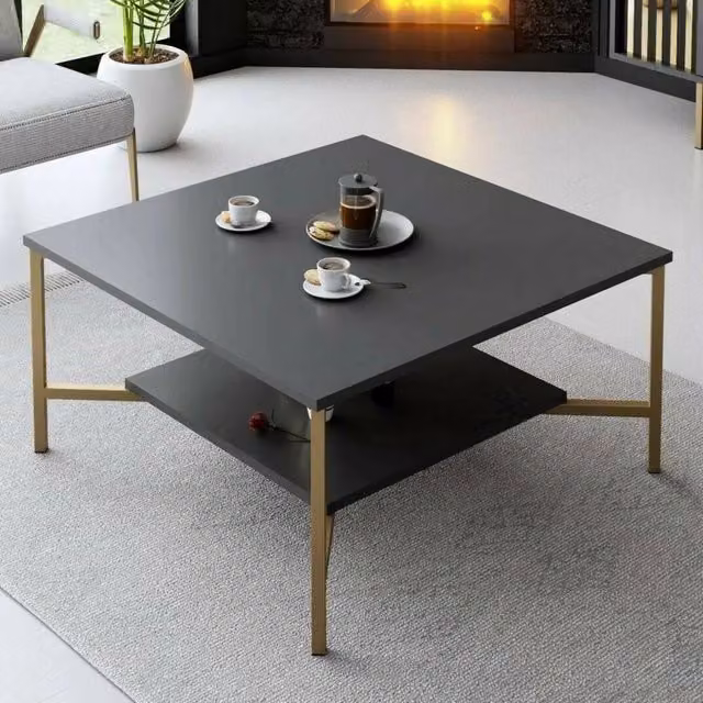 Tavolino da salotto Mia, Tavolo basso da caffè, Portariviste per divano, Ripiano da soggiorno, 80x80h40 cm, Antracite e Oro