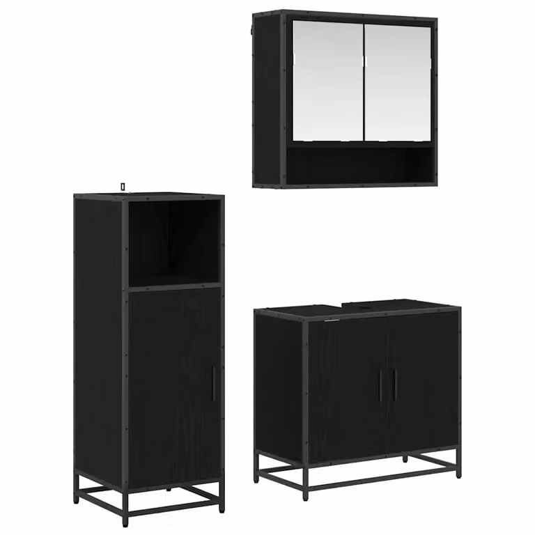 Set di mobili per il bagno moderno vidaXL in 3 pezzi nero con finitura opaca e dettagli in legno rovere, comprensivo di armadietto con specchio, mobile lavabo e mobile laterale, H x L x P: 100 x 33 x 37,5 cm