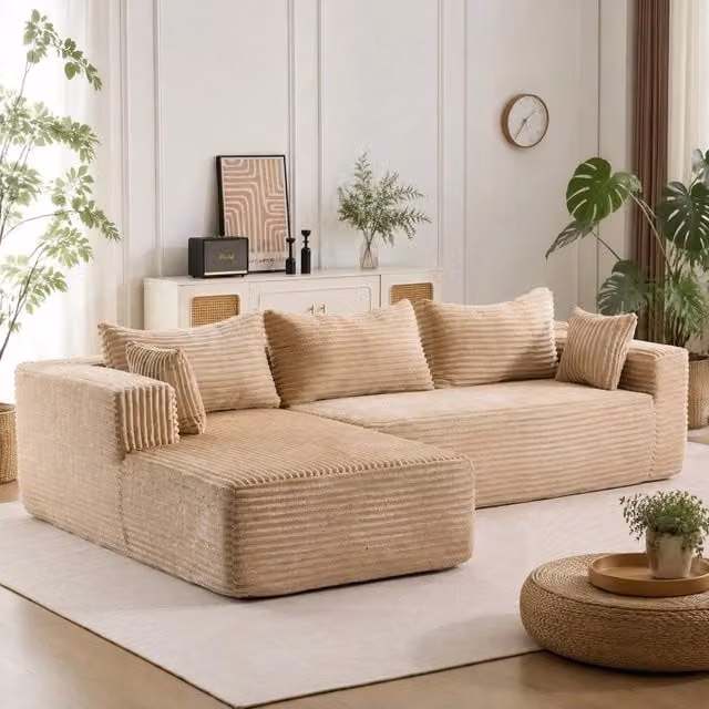 Divano angolare modulare MIVRAY in velluto a coste beige con seduta profonda e cuscini inclusi per soggiorno e camera da letto