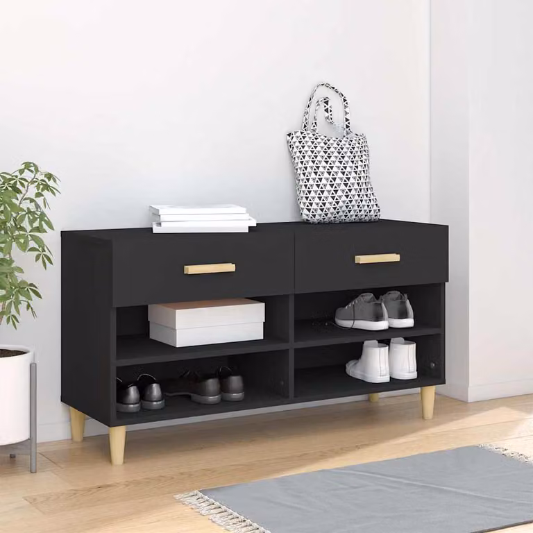 Scarpiera moderna vidaXL nera con ante a battente e ripiani, L 102 cm x P 35 cm x H 55 cm