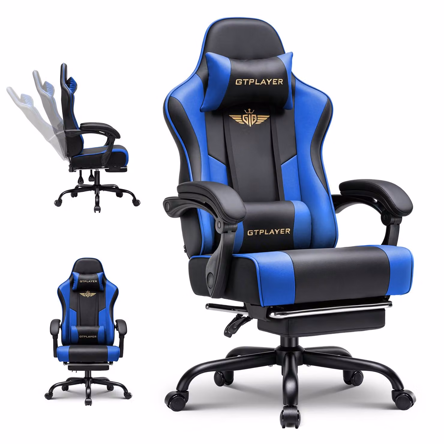 Sedia da gaming GTPLAYER - Sedia da gaming ergonomica con poggiapiedi, poggiatesta e supporto lombare, regolabile in altezza, blu