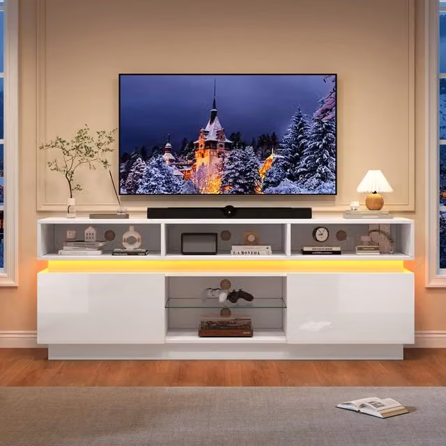Mobile TV Mivray moderno in MDF e vetro bianco con illuminazione LED integrata, L 160 cm x P 35 cm x H 60 cm