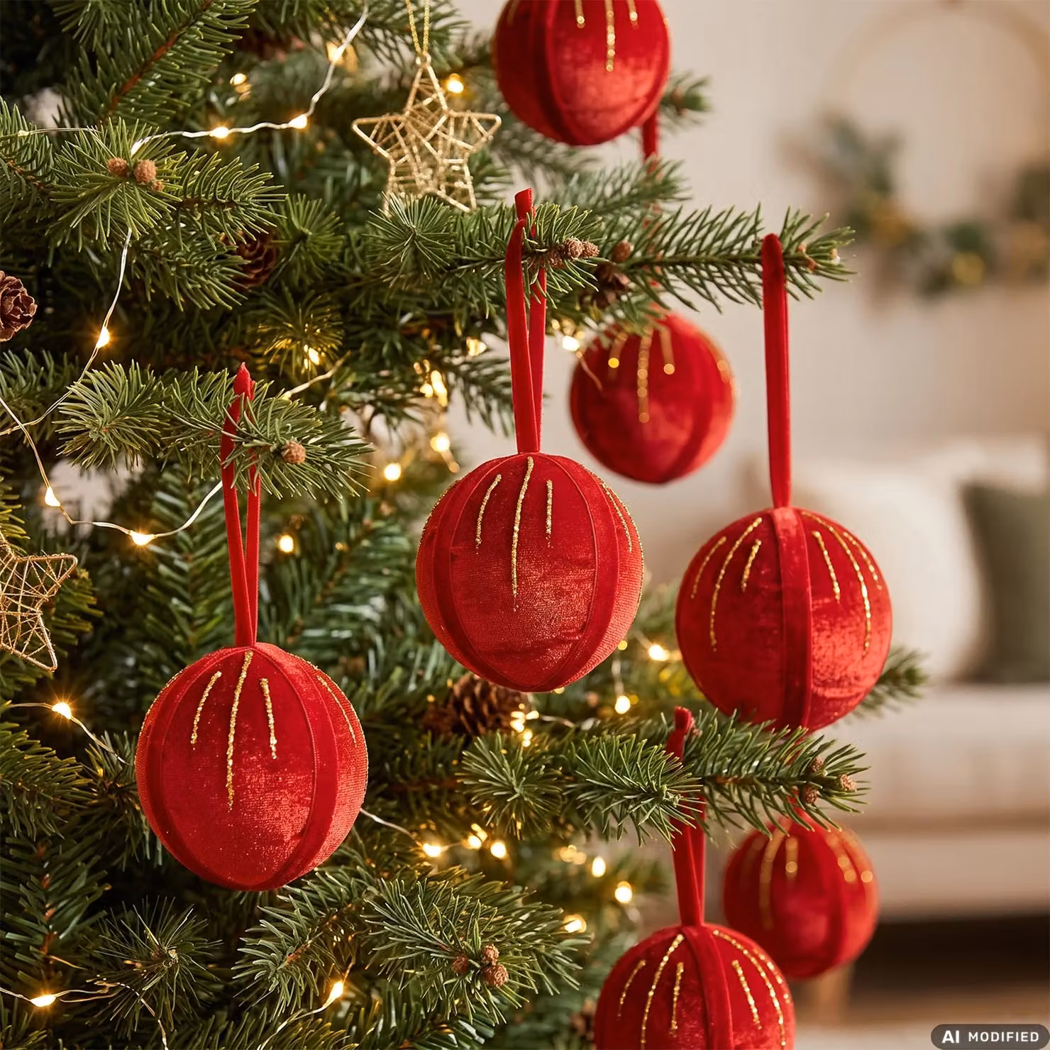 Set di 10 palline di Natale decorative Vestiamo Casa in velluto rosso e oro, diametro: 6 cm – 2